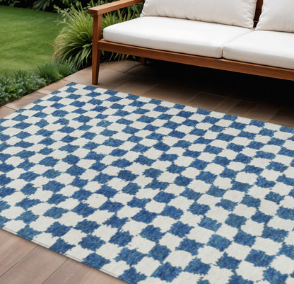 8' X 10' Navy Blue And Ivory Geometric Washable Indoor Outdoor Area Rug-1