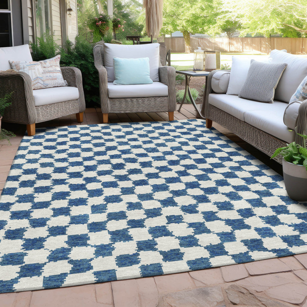 8' X 10' Navy Blue And Ivory Geometric Washable Indoor Outdoor Area Rug-4