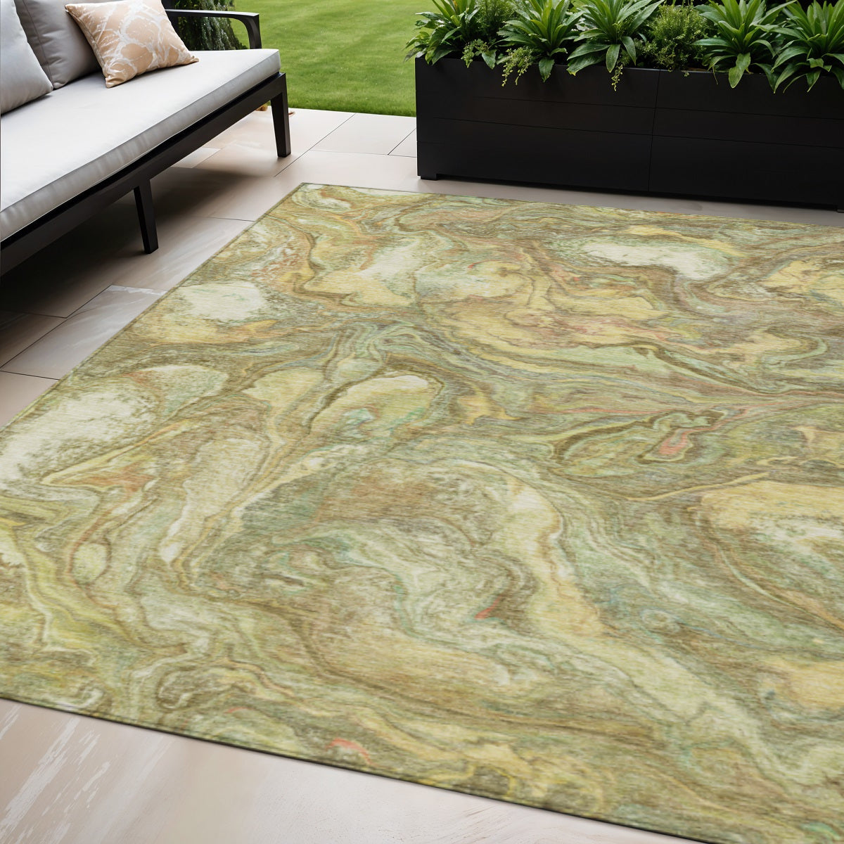 5' X 8' Gold And Taupe Abstract Washable Indoor Outdoor Area Rug-1