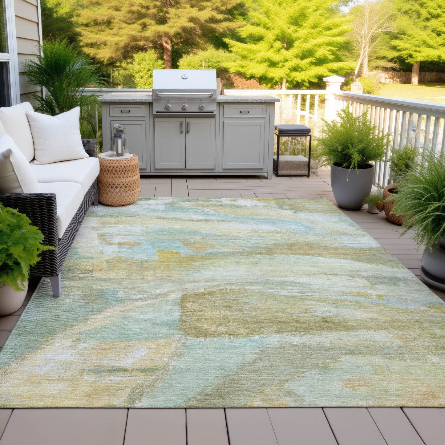 3' X 5' Beige Sky Blue And Ivory Abstract Washable Indoor Outdoor Area Rug-7