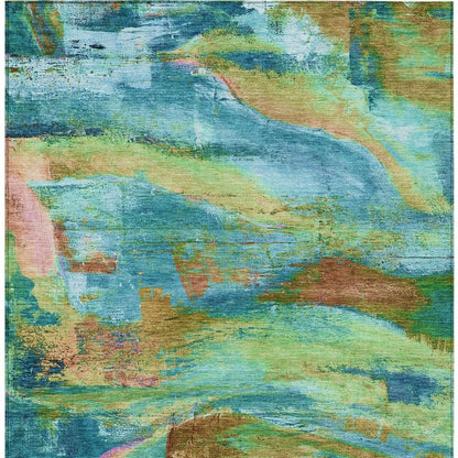 3' X 5' Teal Blue Lime Green And Blush Abstract Washable Indoor Outdoor Area Rug-5
