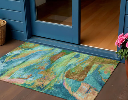 3' X 5' Teal Blue Lime Green And Blush Abstract Washable Indoor Outdoor Area Rug-1
