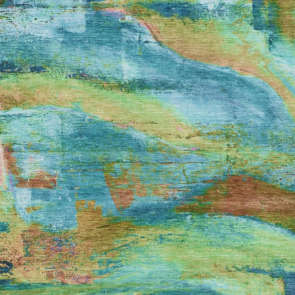 3' X 5' Teal Blue Lime Green And Blush Abstract Washable Indoor Outdoor Area Rug-4