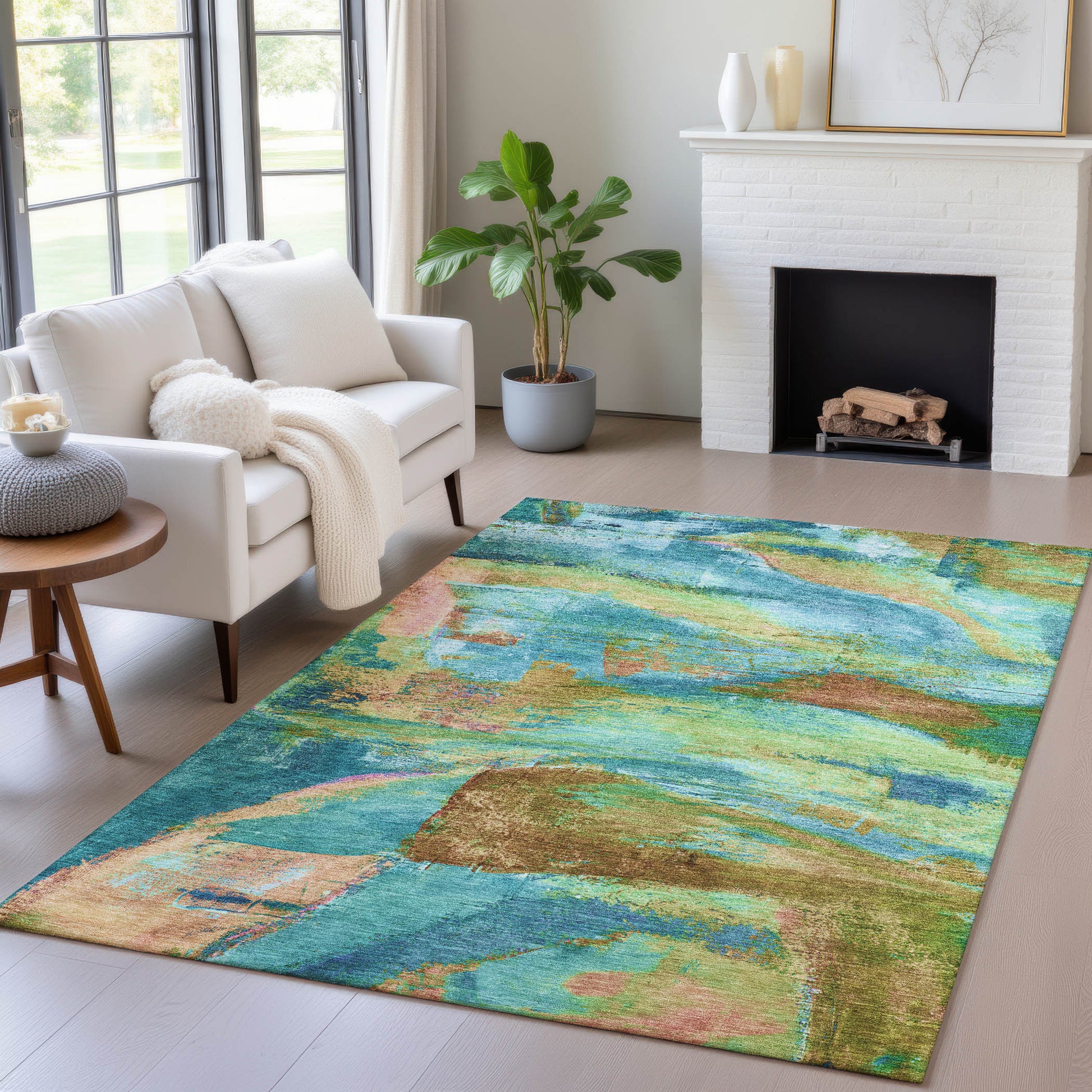 3' X 5' Teal Blue Lime Green And Blush Abstract Washable Indoor Outdoor Area Rug-7