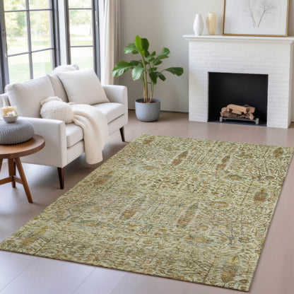 3' X 5' Wheat And Fern Green Floral Washable Indoor Outdoor Area Rug-6