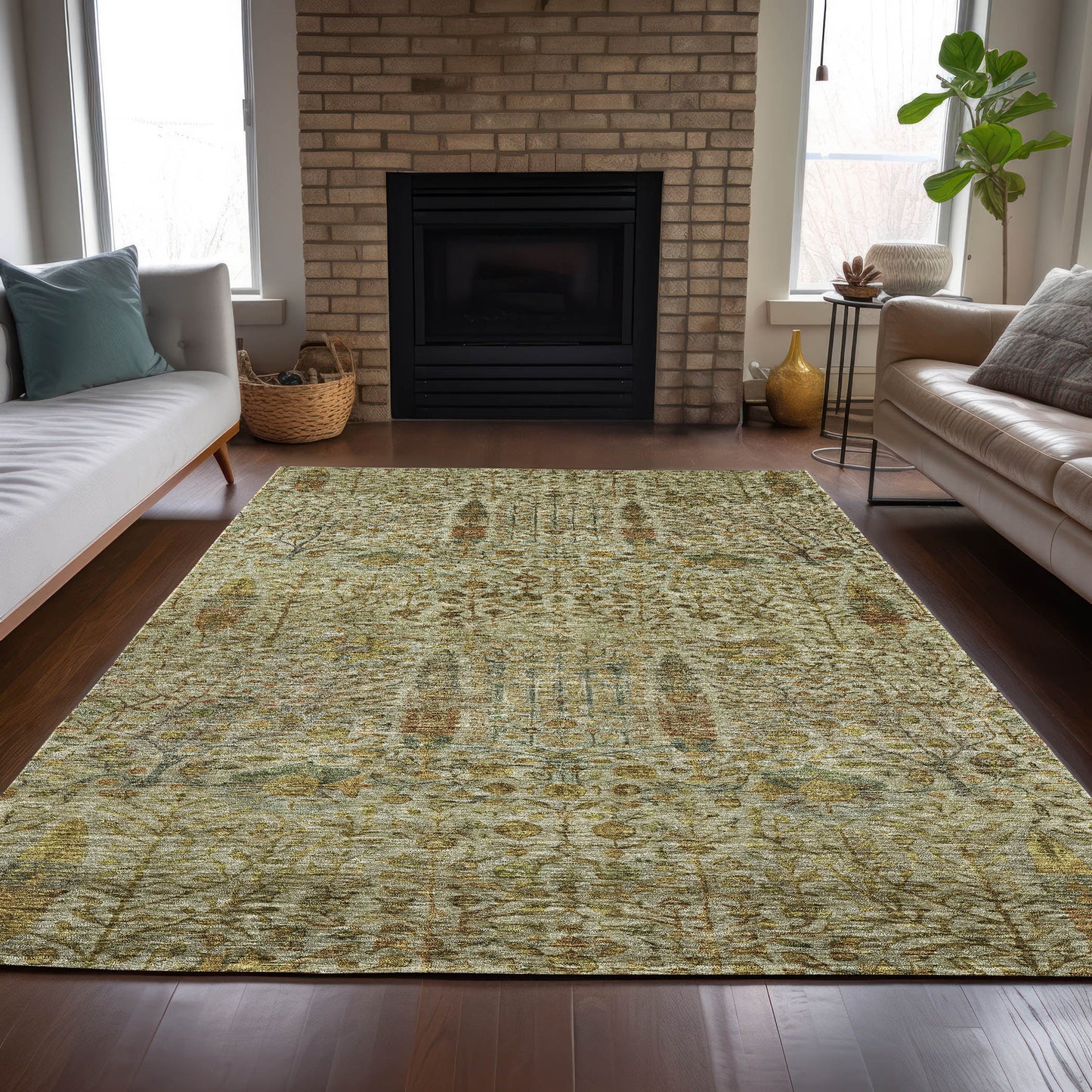 3' X 5' Wheat And Fern Green Floral Washable Indoor Outdoor Area Rug-7