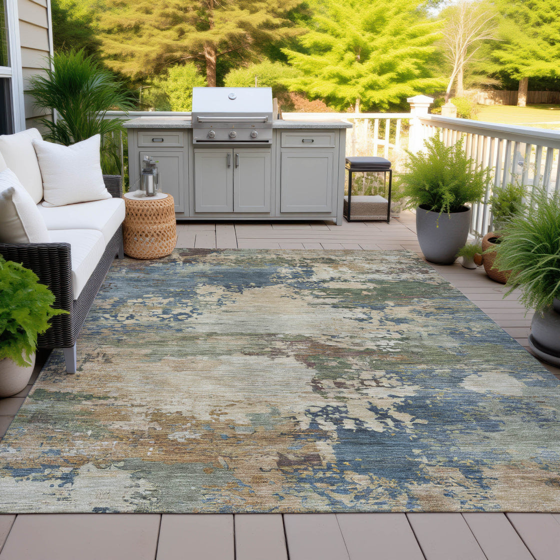 8' X 10' Blue Green And Beige Abstract Washable Indoor Outdoor Area Rug-1