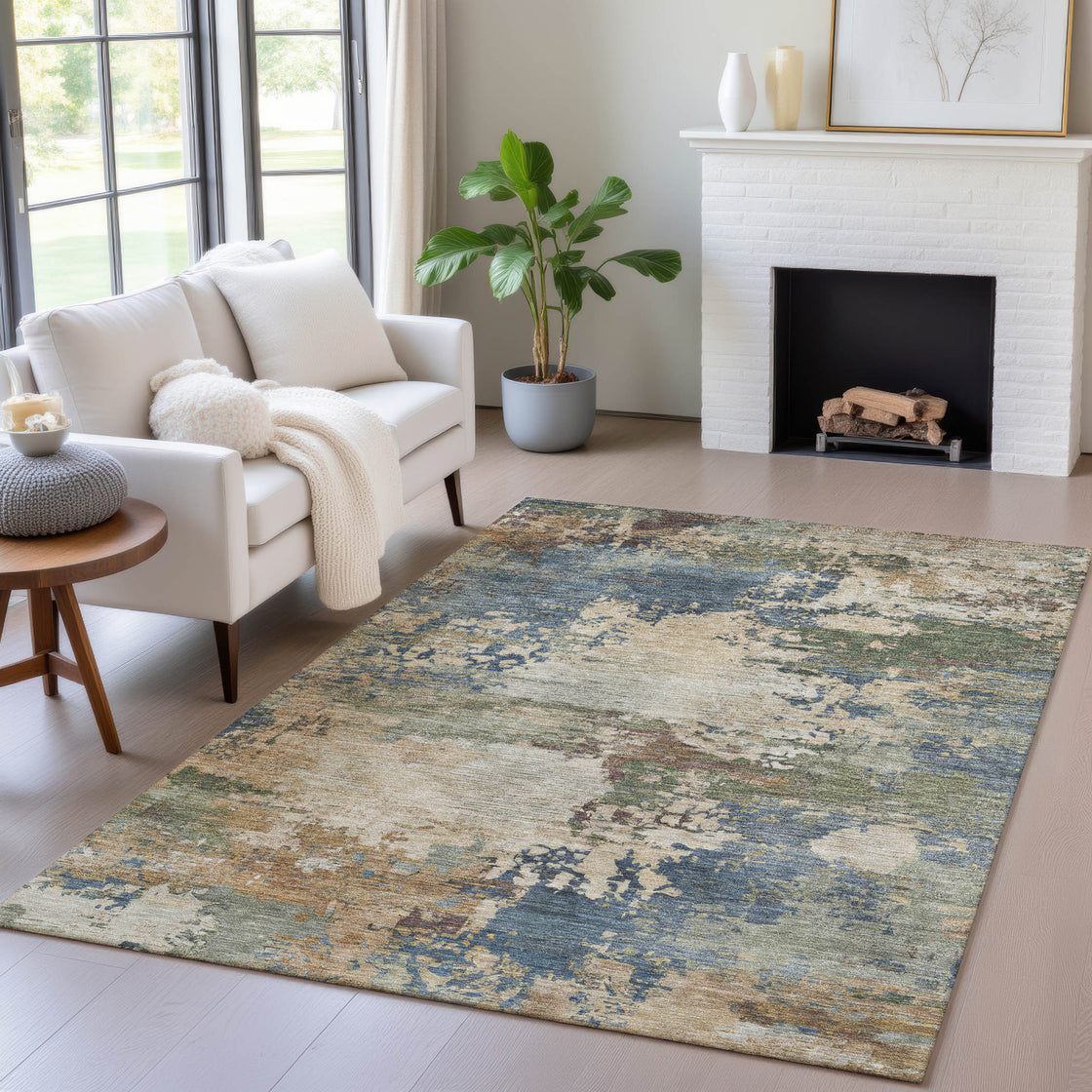 8' X 10' Blue Green And Beige Abstract Washable Indoor Outdoor Area Rug-2