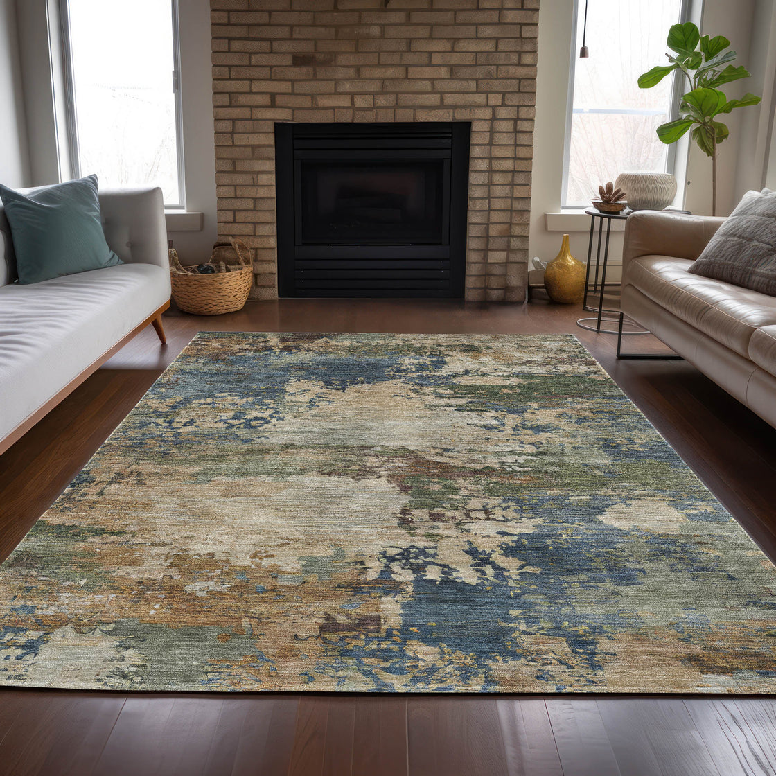 8' X 10' Blue Green And Beige Abstract Washable Indoor Outdoor Area Rug-3