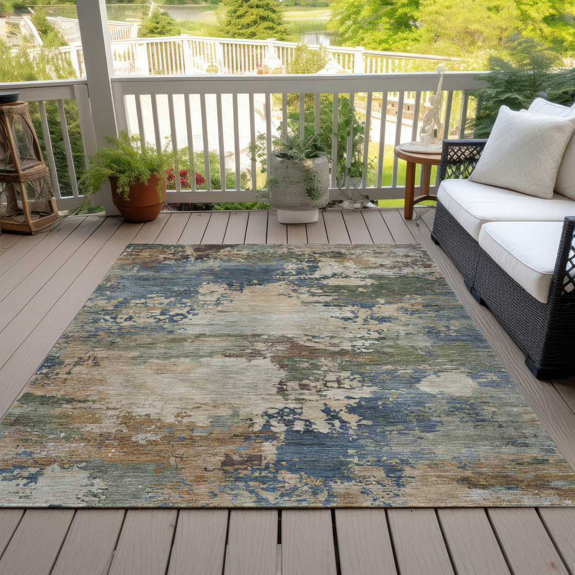 8' X 10' Blue Green And Beige Abstract Washable Indoor Outdoor Area Rug-4