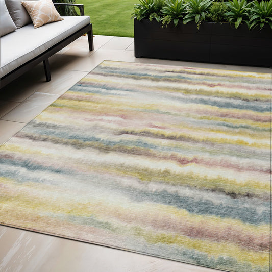 5' X 8' Gold Gray And Ivory Striped Washable Indoor Outdoor Area Rug-0