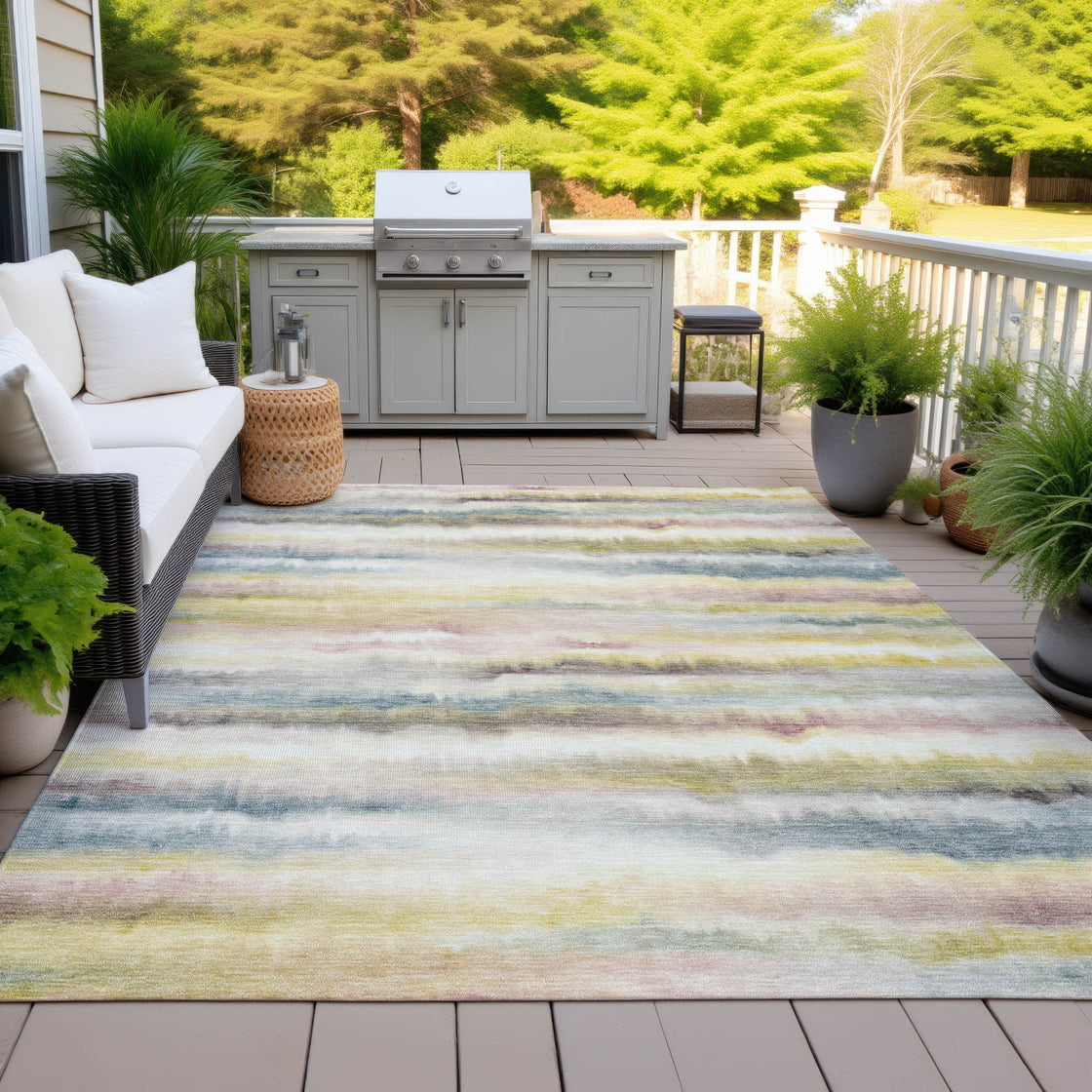 5' X 8' Gold Gray And Ivory Striped Washable Indoor Outdoor Area Rug-2