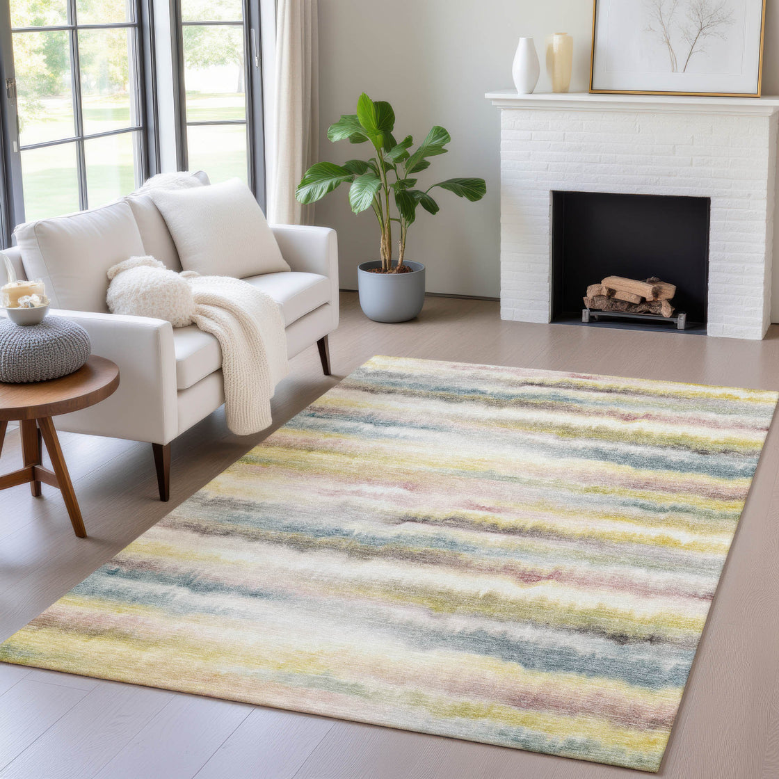5' X 8' Gold Gray And Ivory Striped Washable Indoor Outdoor Area Rug-1