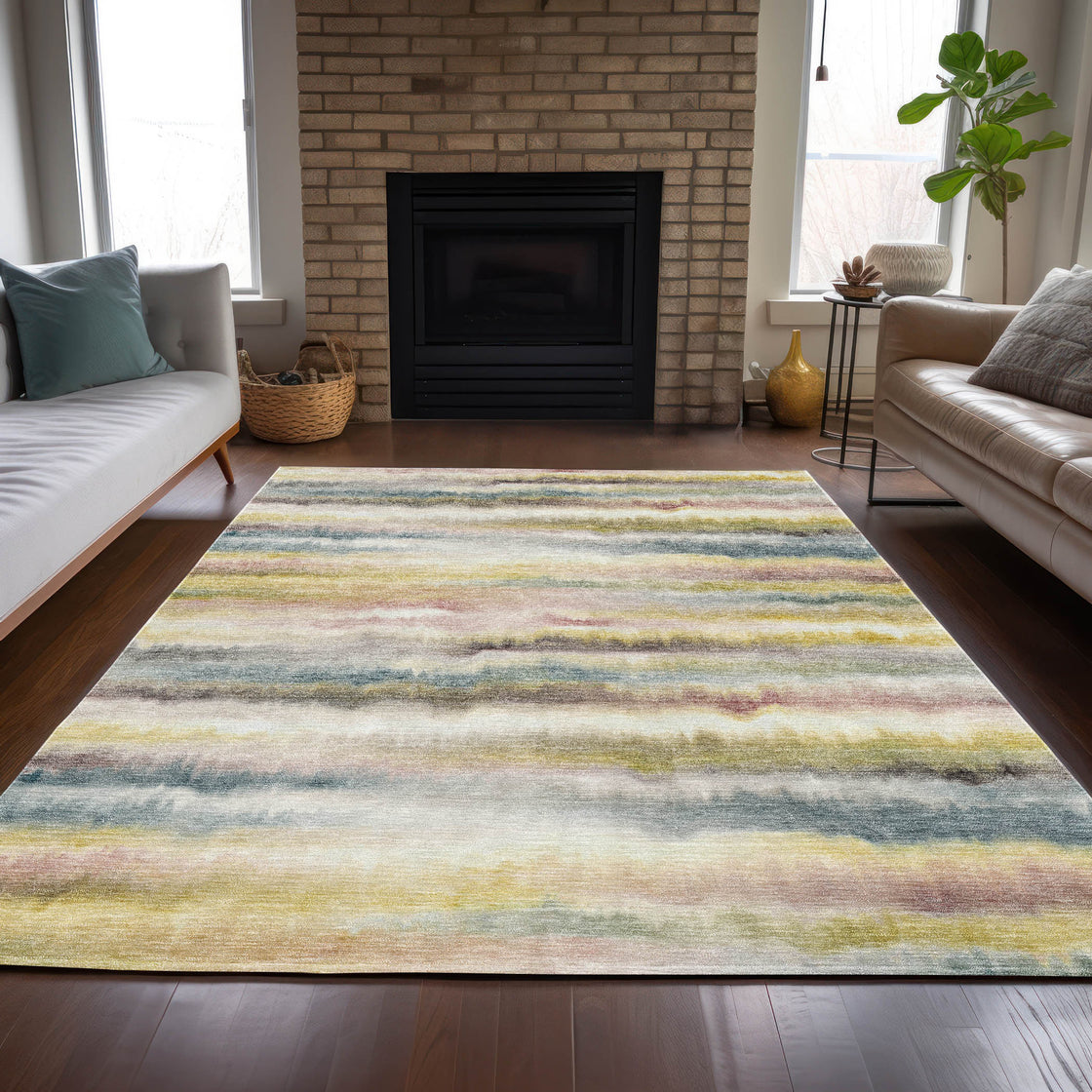 5' X 8' Gold Gray And Ivory Striped Washable Indoor Outdoor Area Rug-3