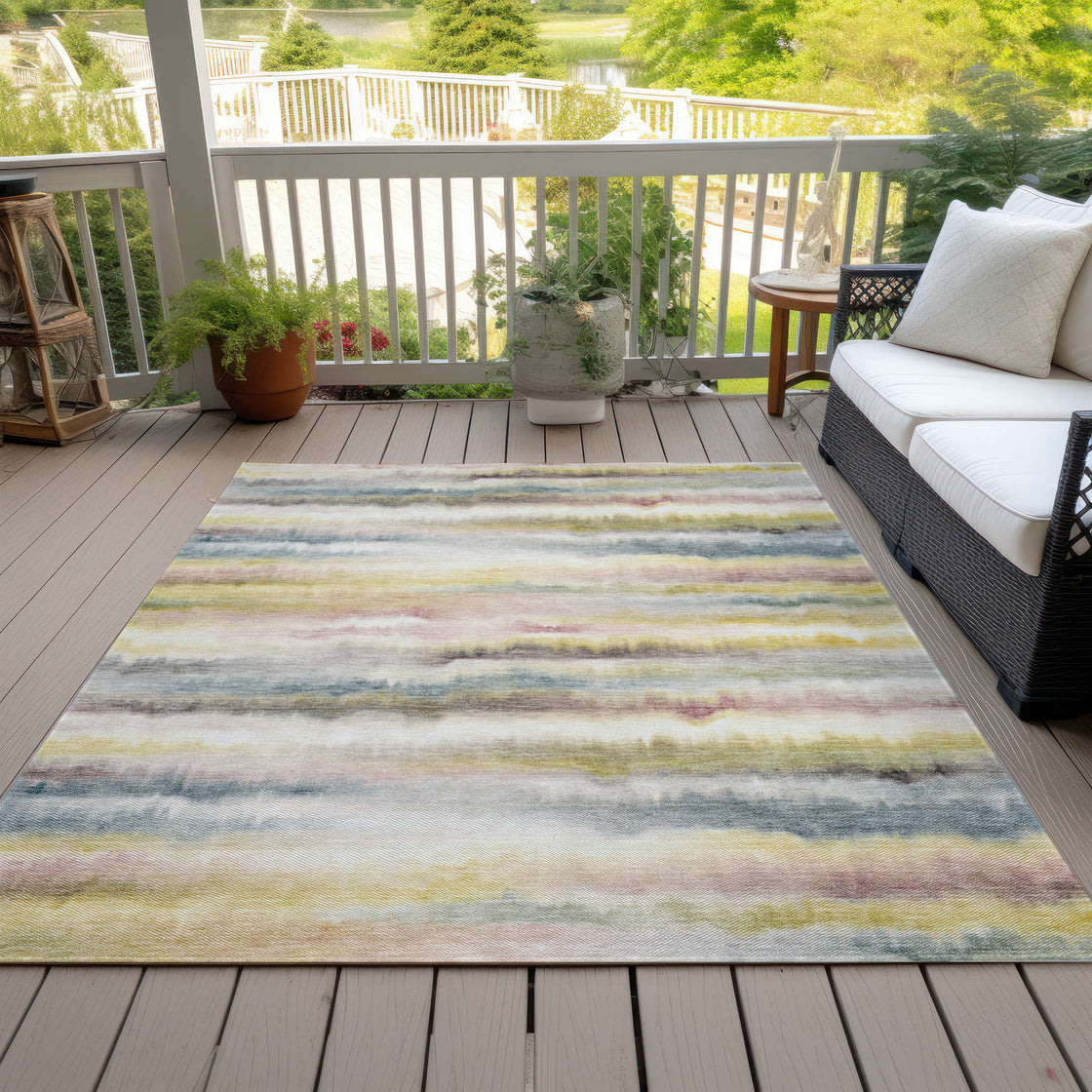 5' X 8' Gold Gray And Ivory Striped Washable Indoor Outdoor Area Rug-4