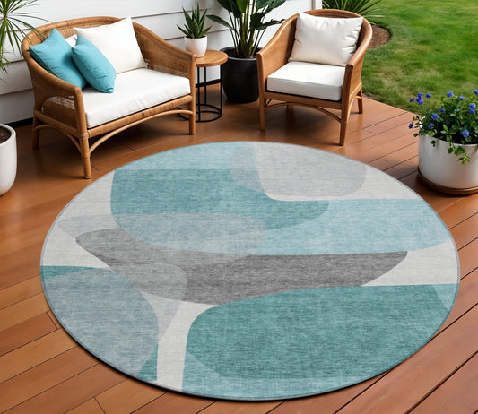 8' Teal Blue And Gray Round Abstract Washable Indoor Outdoor Area Rug-0