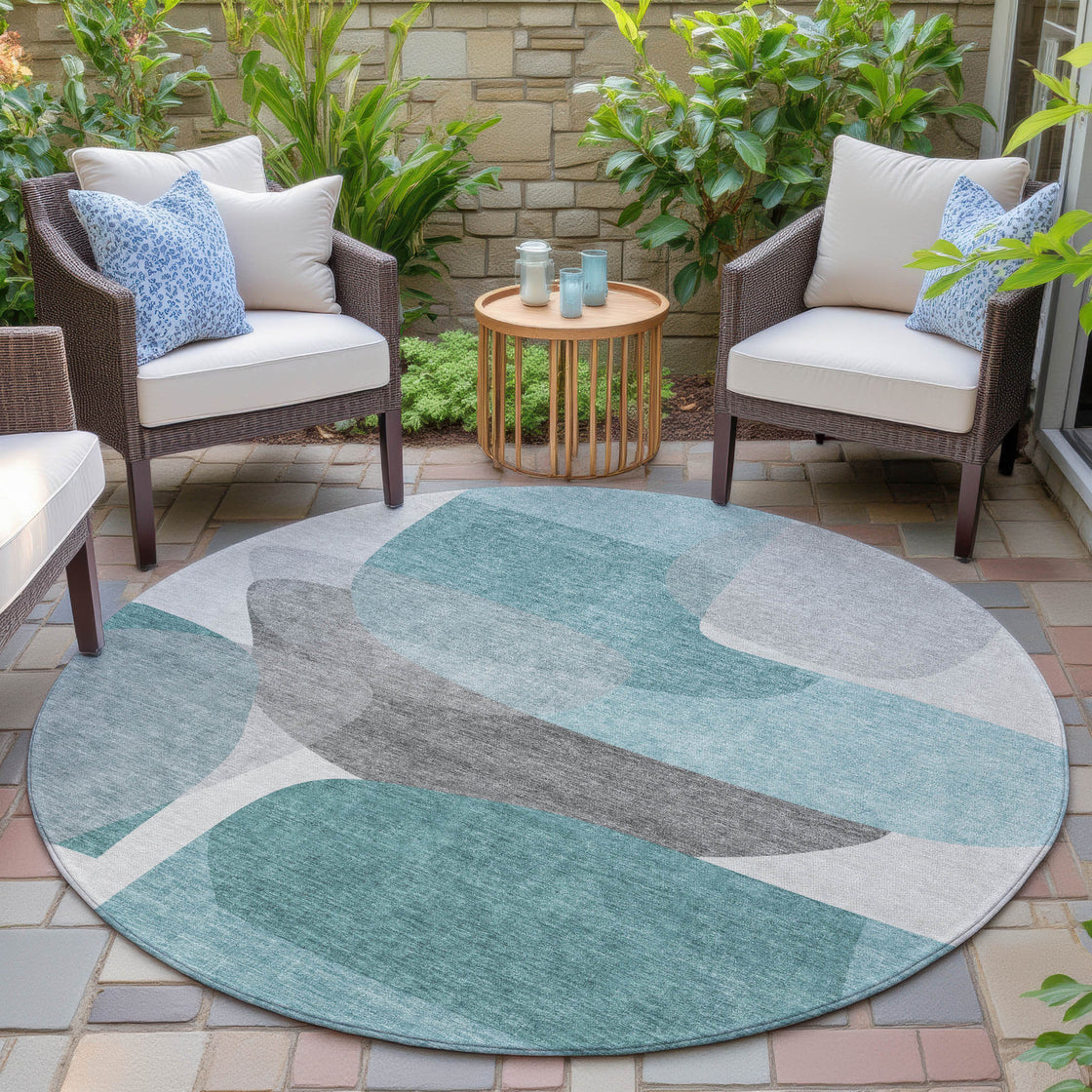 8' Teal Blue And Gray Round Abstract Washable Indoor Outdoor Area Rug-2