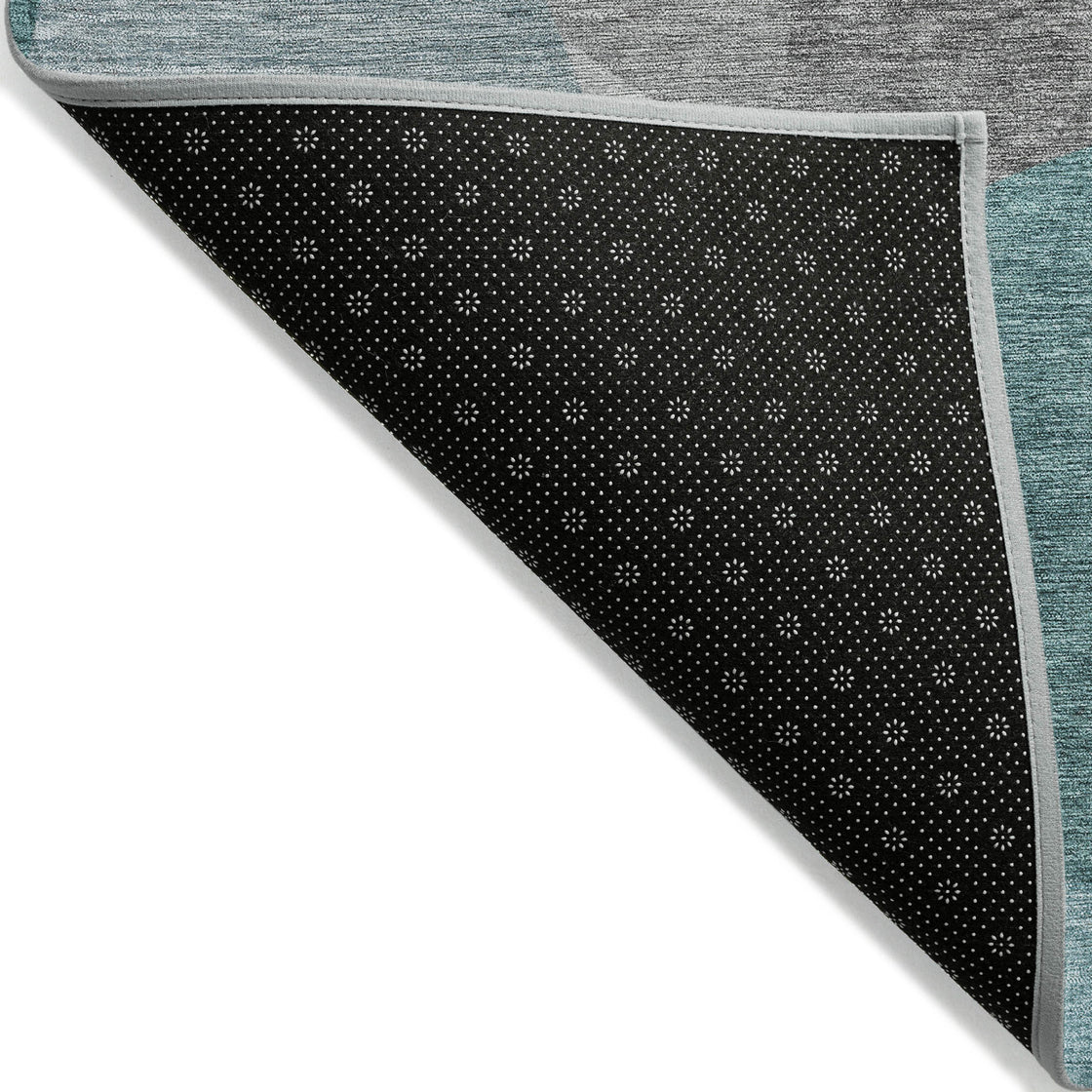 8' Teal Blue And Gray Round Abstract Washable Indoor Outdoor Area Rug-3