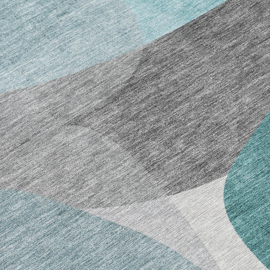 8' Teal Blue And Gray Round Abstract Washable Indoor Outdoor Area Rug-5