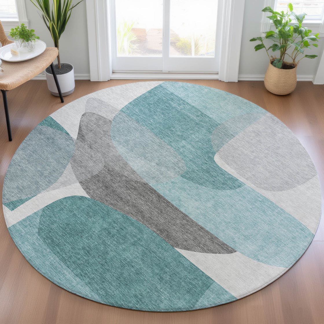 8' Teal Blue And Gray Round Abstract Washable Indoor Outdoor Area Rug-1