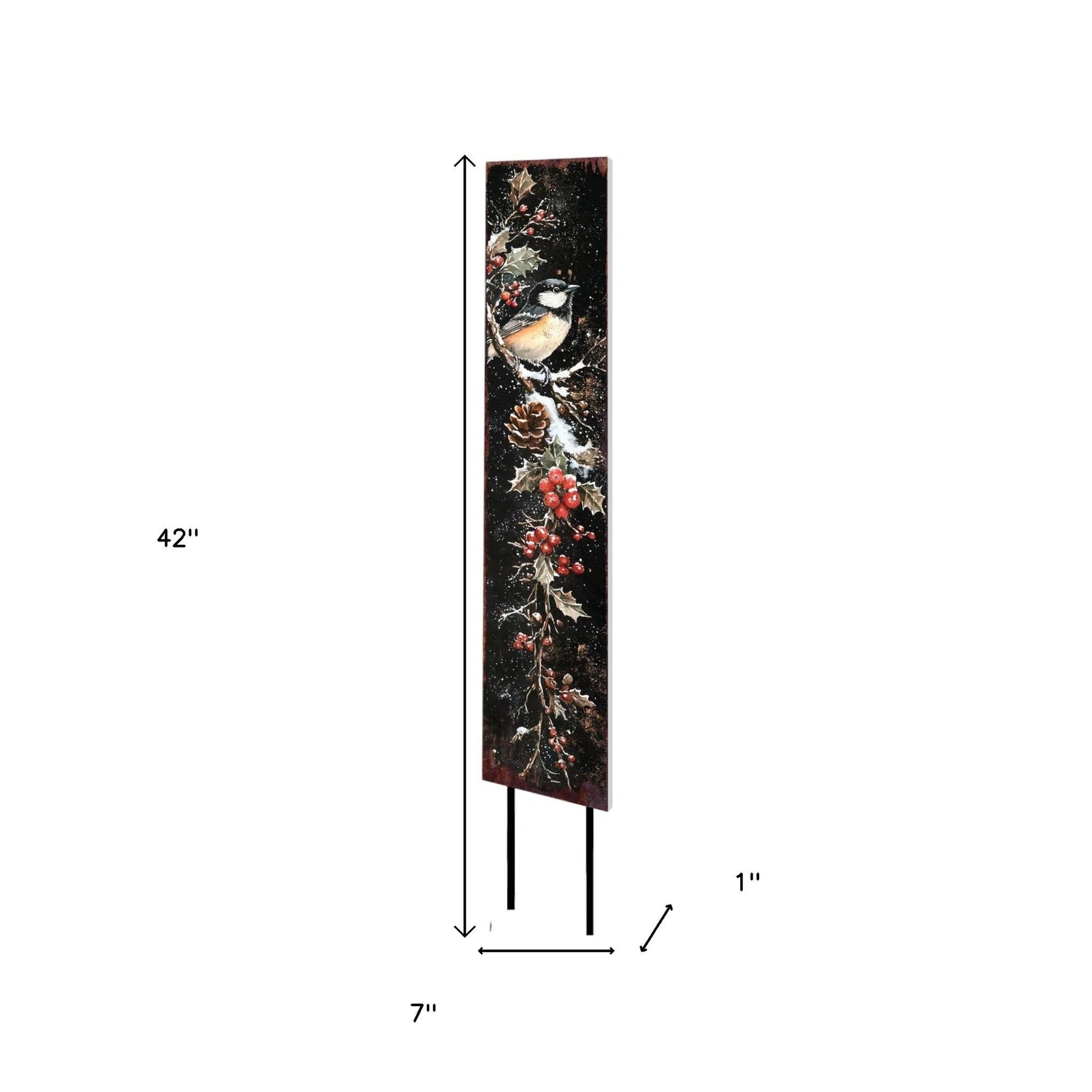 42" Black Red And Green Christmas Chickadee Solid Wood Birds Garden Stake-1