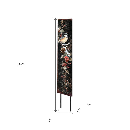42" Black Red And Green Christmas Chickadee Solid Wood Birds Garden Stake-1