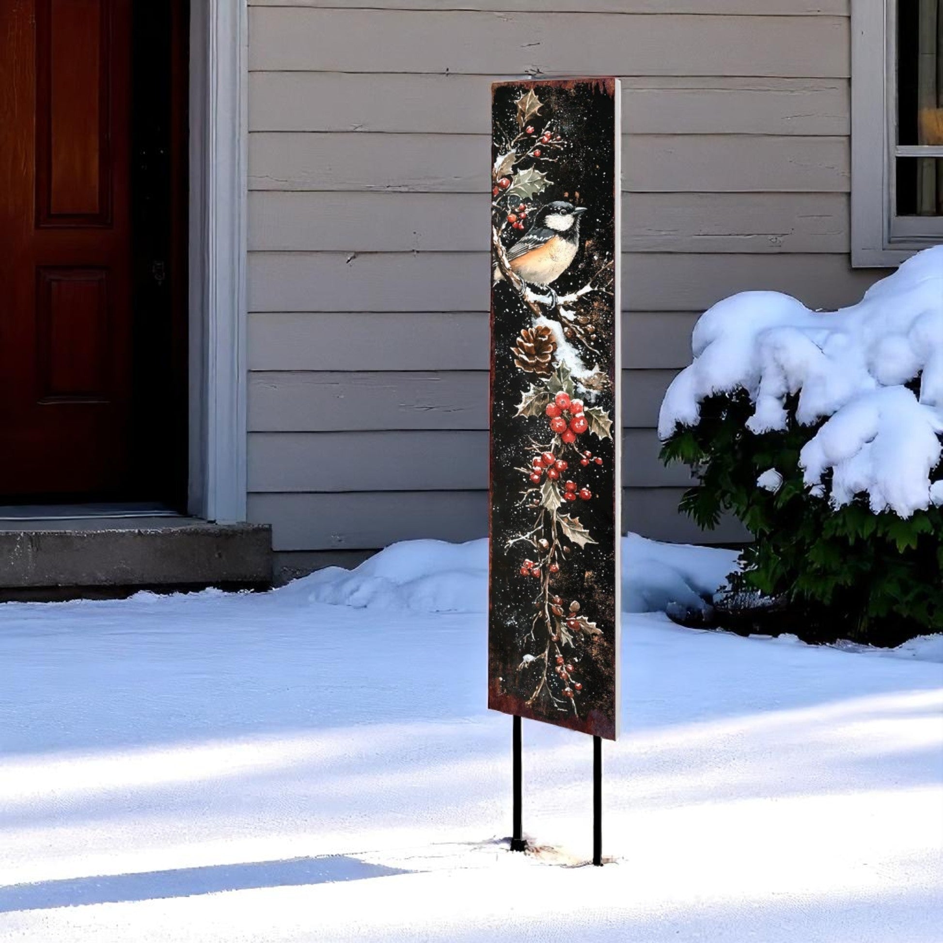 42" Black Red And Green Christmas Chickadee Solid Wood Birds Garden Stake-0