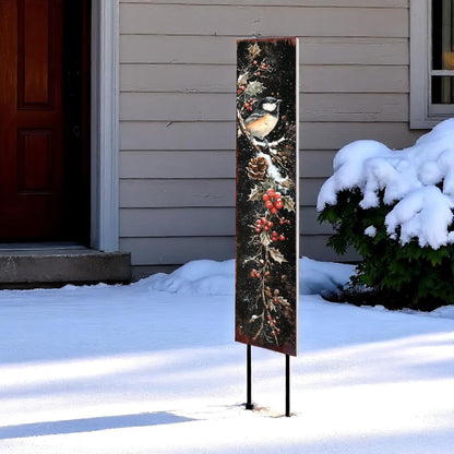 42" Black Red And Green Christmas Chickadee Solid Wood Birds Garden Stake-0