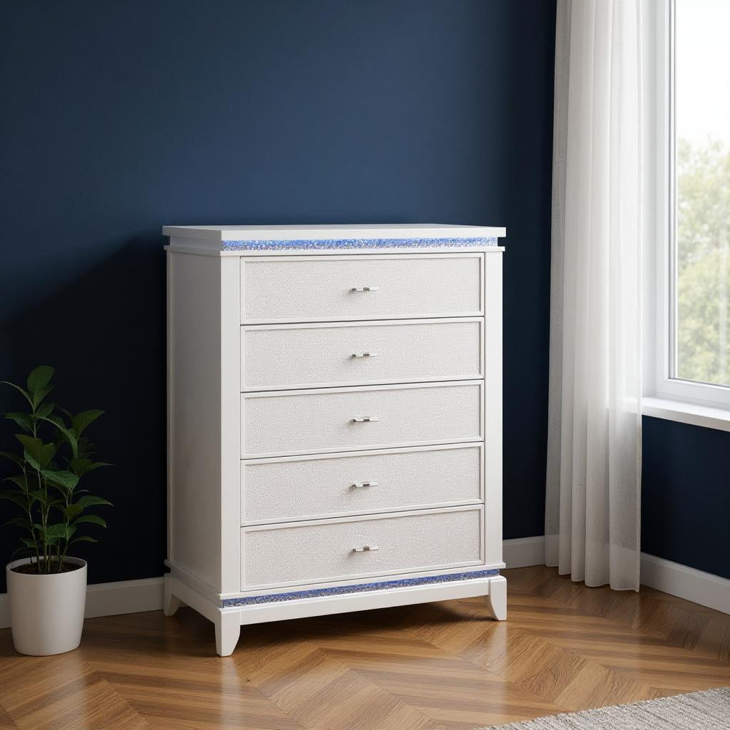 36" White Faux Crystal Glitter Wood Lighted Five Drawer Dresser-0