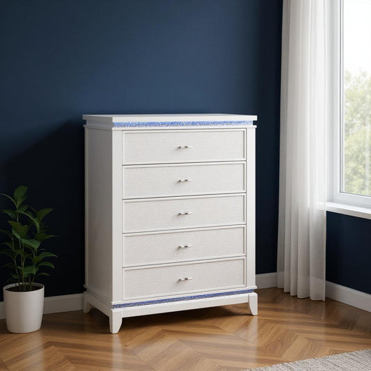 36" White Faux Crystal Glitter Wood Lighted Five Drawer Dresser-0