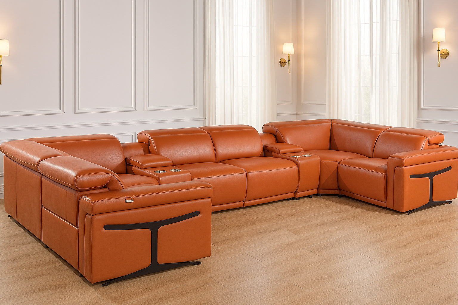 Camel Italian Leather Power Reclining U Shaped Eight Piece Corner Sectional With Console-1