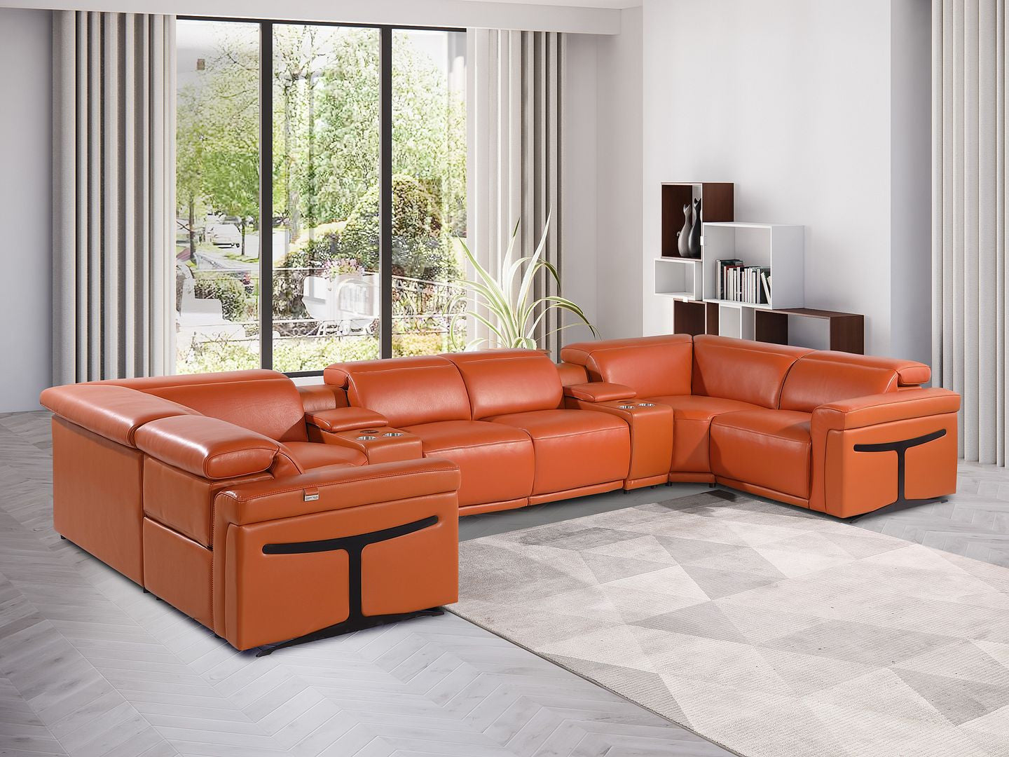 Camel Italian Leather Power Reclining U Shaped Eight Piece Corner Sectional With Console-7