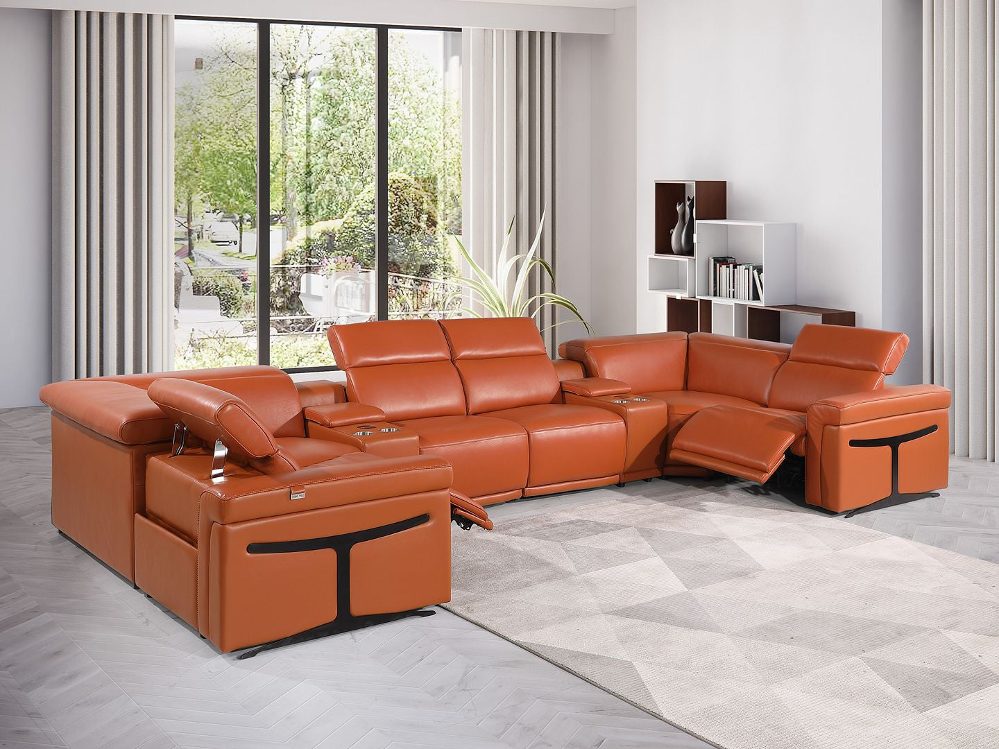 Camel Italian Leather Power Reclining U Shaped Eight Piece Corner Sectional With Console-8