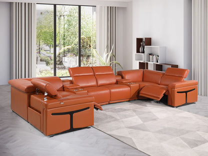 Camel Italian Leather Power Reclining U Shaped Eight Piece Corner Sectional With Console-8