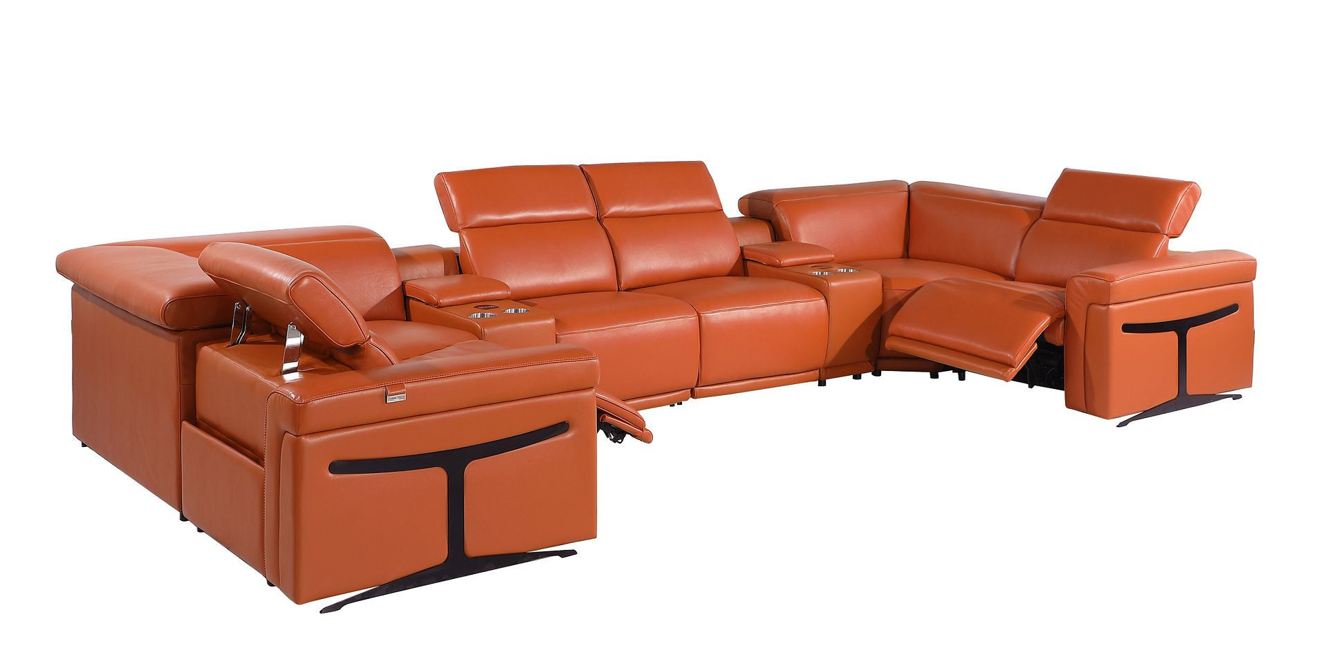 Camel Italian Leather Power Reclining U Shaped Eight Piece Corner Sectional With Console-2