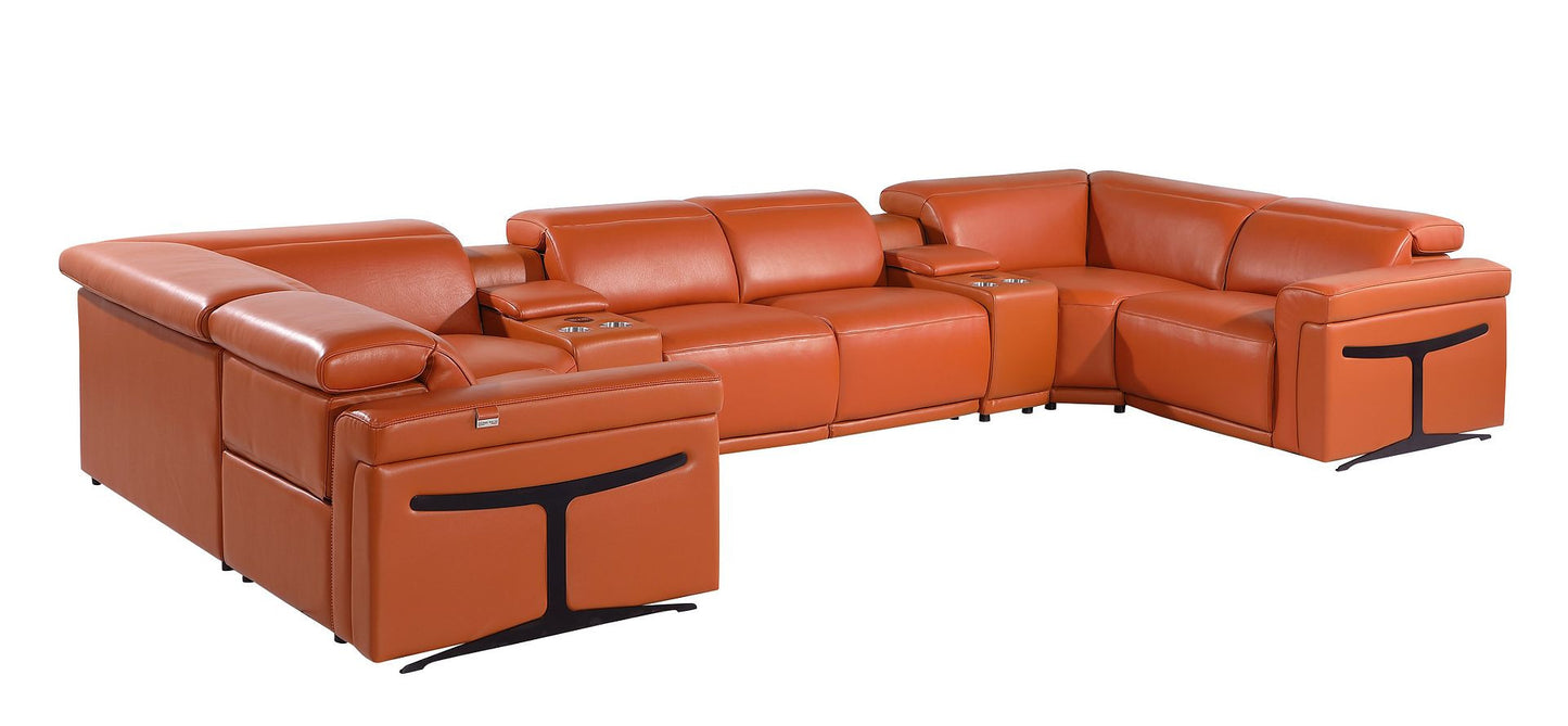 Camel Italian Leather Power Reclining U Shaped Eight Piece Corner Sectional With Console-0