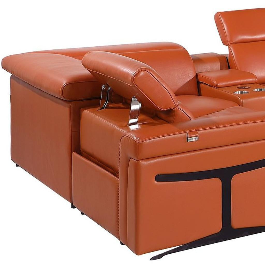 Camel Italian Leather Power Reclining U Shaped Eight Piece Corner Sectional With Console-6