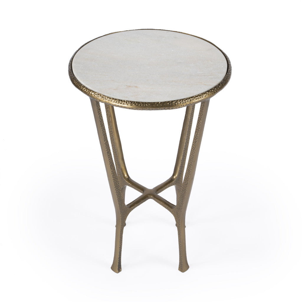 23" White and Gold Distressed Marble and Aluminum Round End Table-3