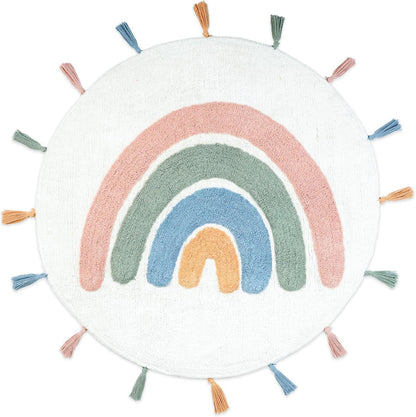 32" White Blue And Pink Cotton Rainbows Round Youthful Bath Rug-0