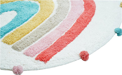 32" White Pink And Yellow Cotton Rainbows Round Youthful Bath Rug-3