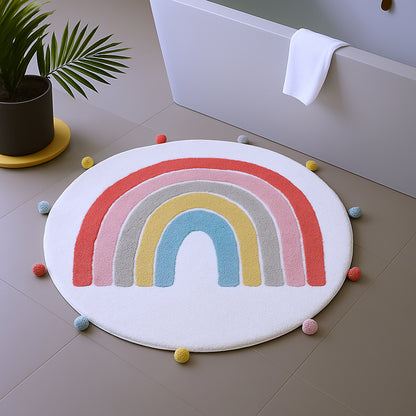 32" White Pink And Yellow Cotton Rainbows Round Youthful Bath Rug-1