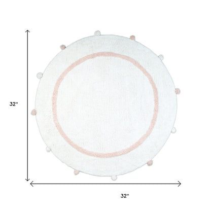32" Light Pink And White Cotton Round Geometric Bath Rug-5