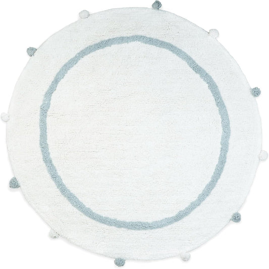 32" Baby Blue And White Cotton Round Geometric Bath Rug-0