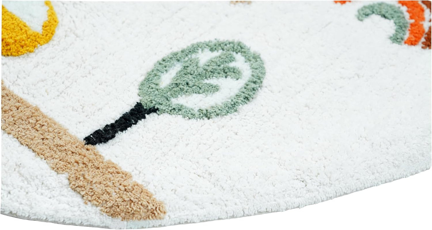 32" White Yellow And Red Cotton Cars Round Youthful Bath Rug-4