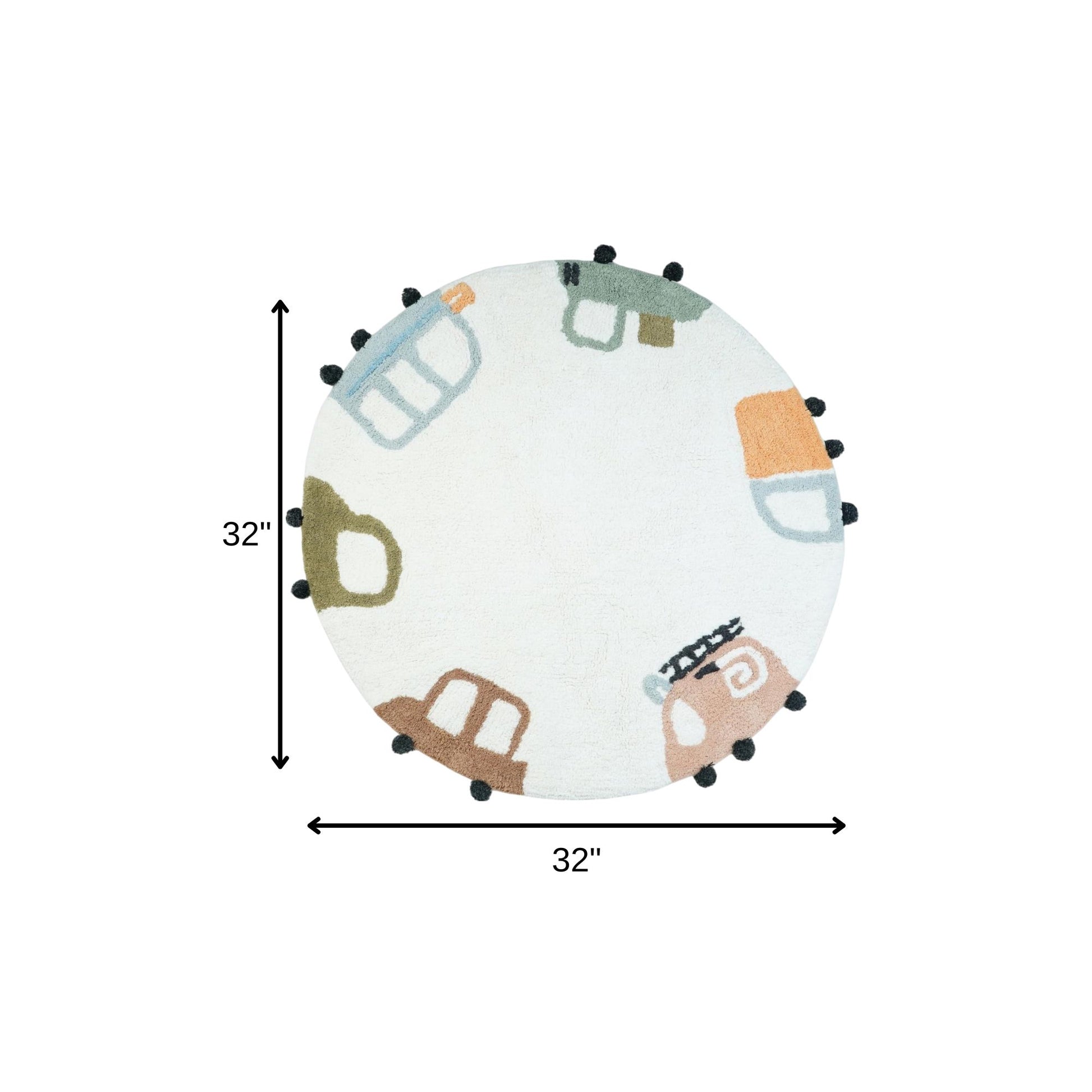 32" Blue Green And White Cotton Cars Round Youthful Bath Rug-5