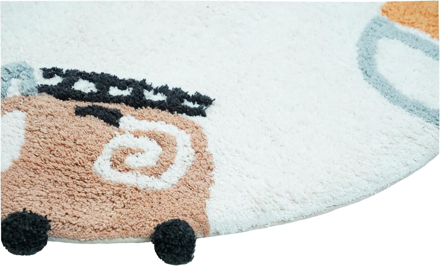 32" Blue Green And White Cotton Cars Round Youthful Bath Rug-0