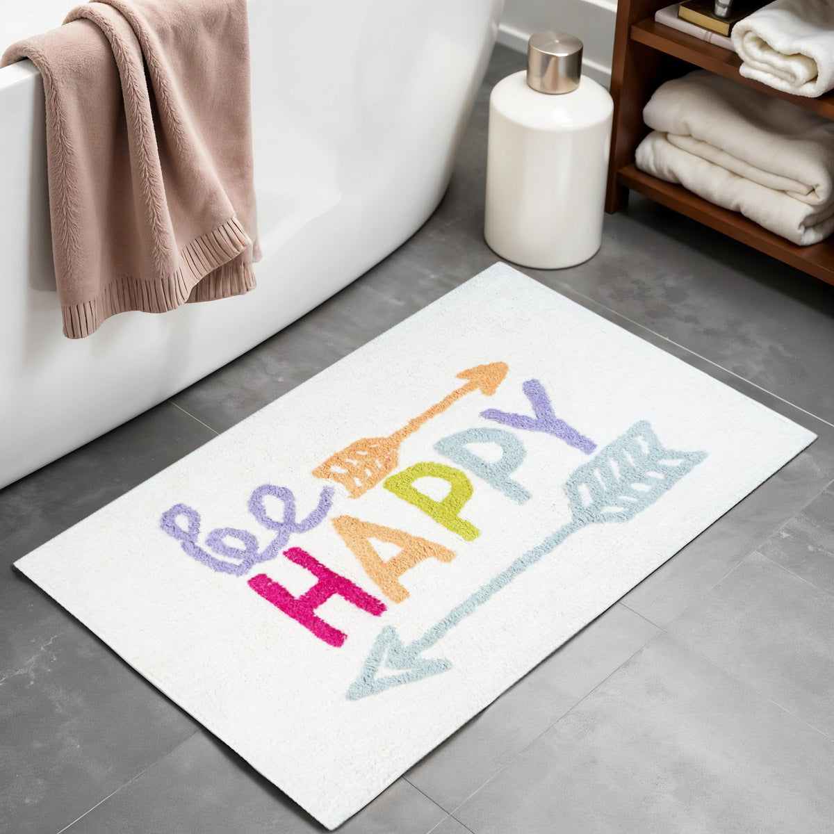 32" White Purple And Green Cotton Be Happy Youthful Bath Rug-1