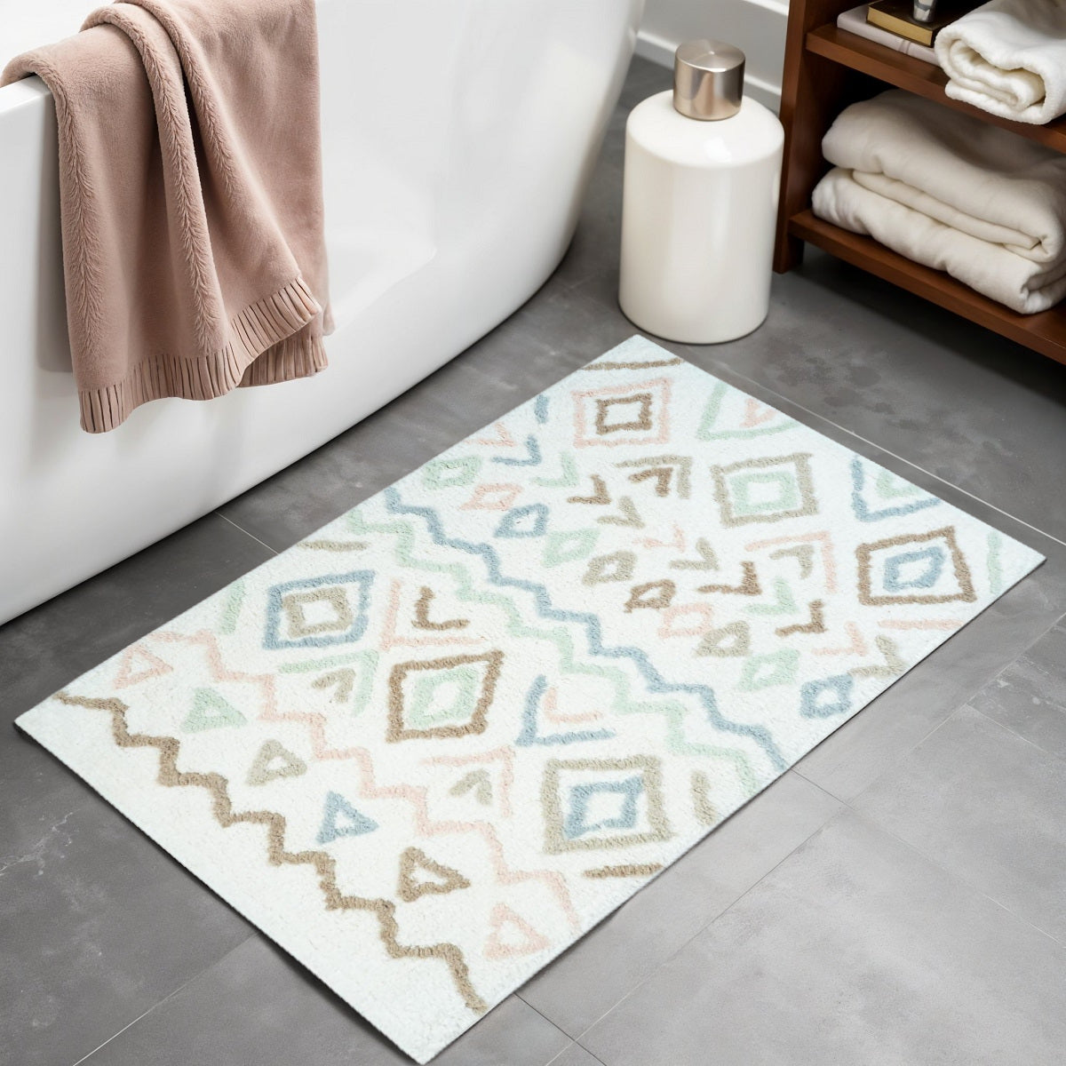 32" Blue Brown And White Cotton Geometric Bath Rug-1