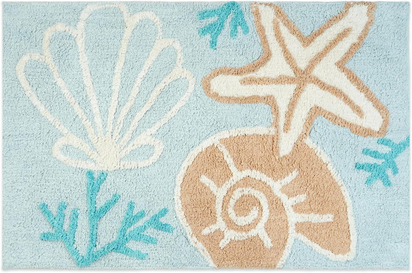 32" Blue Tan And White Cotton Seashells And Coral Bath Rug-0