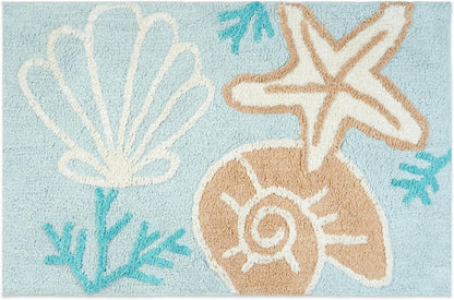32" Blue Tan And White Cotton Seashells And Coral Bath Rug-0